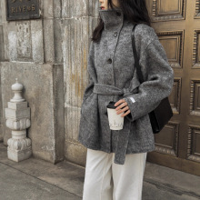 立领腰带双面羊毛大衣 中长款系带单排扣加厚保暖羊绒毛呢外套女