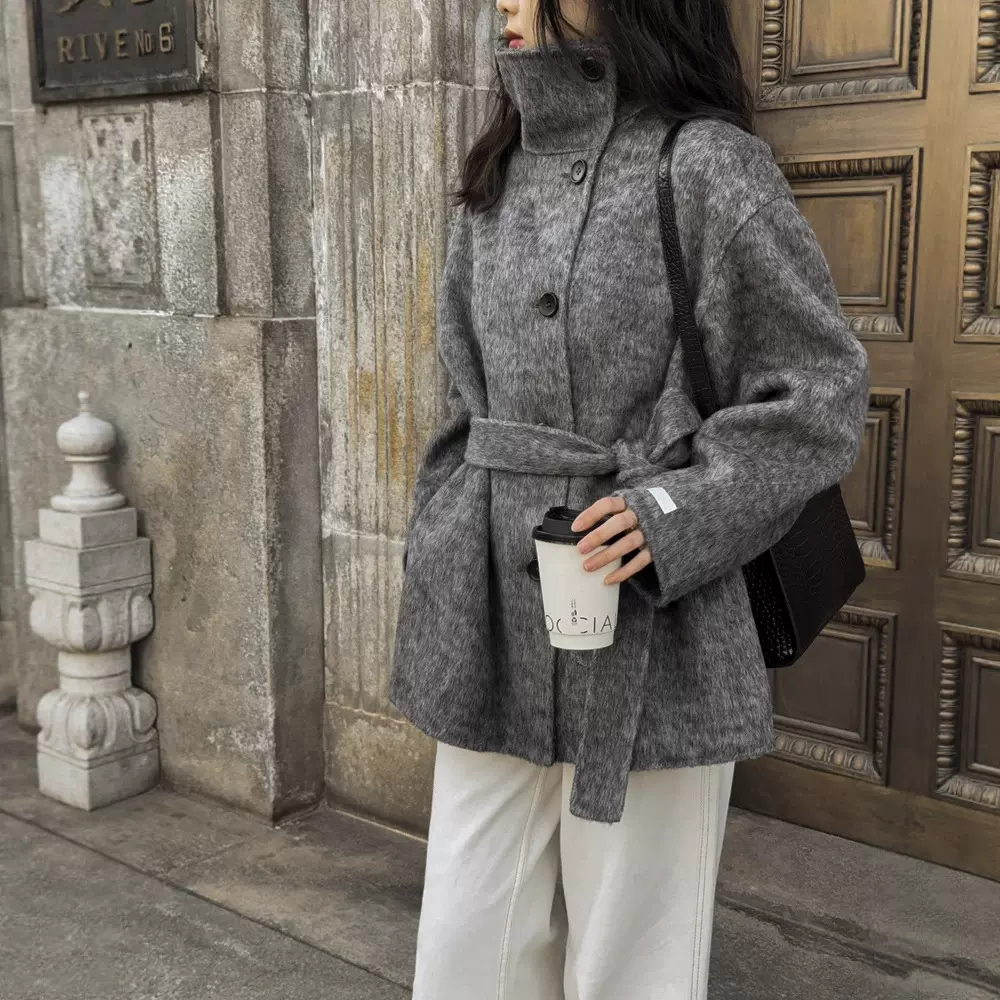 立领腰带双面羊毛大衣 中长款系带单排扣加厚保暖羊绒毛呢外套女