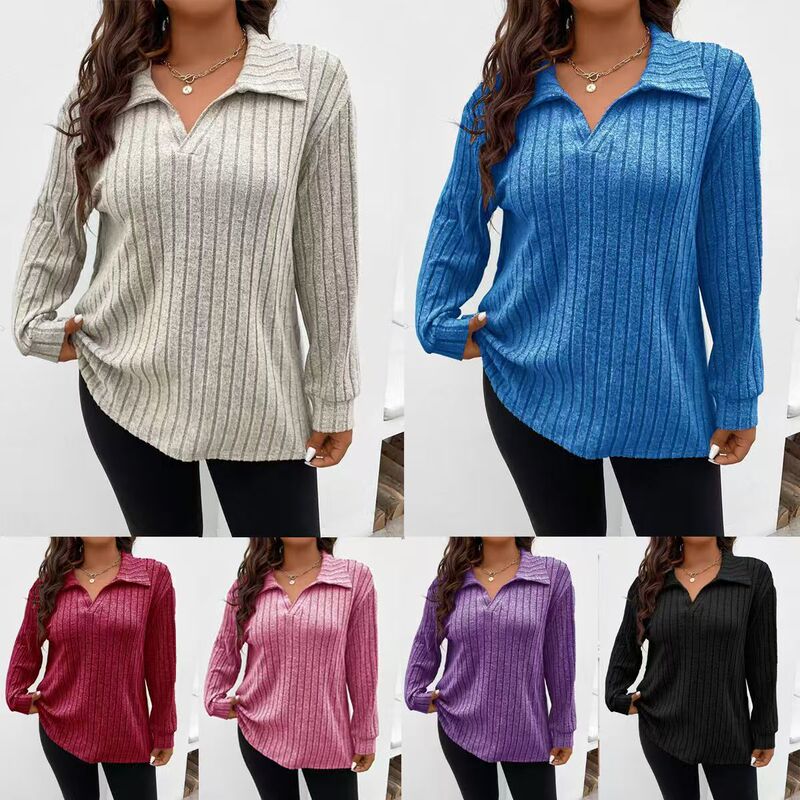 2025 Amazon Autumn and Winter New Pure Color Plus Size Women's Tops V-Neck Lapel Long-Sleeved Pit Brushed T-Shirt Loose
