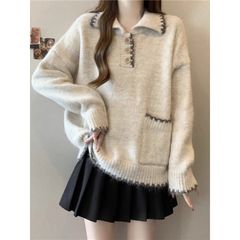 韩系复古撞色软糯毛衣女春季大码胖MM显瘦宽松休闲百搭针织打底衫