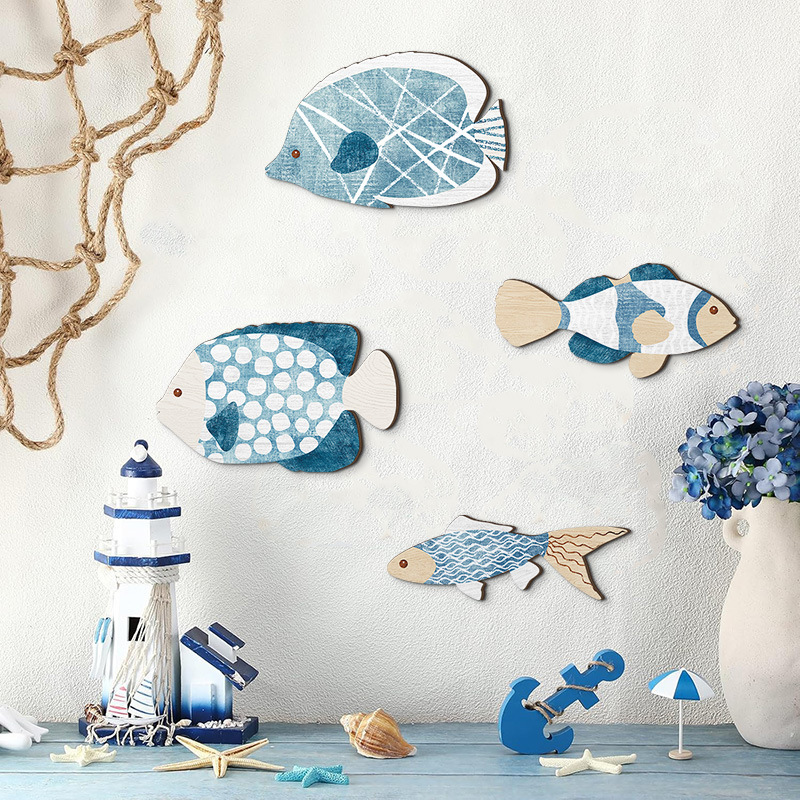 Juego de 4 decoraciones de pared con forma de pez, letreros de madera, decoración náutica colgante, decoración de baño, arte de pared colgante image 3