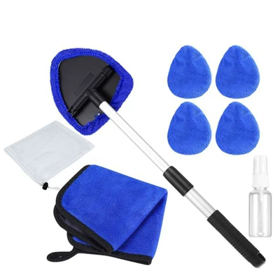 Car cleaning tools: Car Window Brush Set - 1-set-five-sided-retractable-pole-5-blue-cloth-covers-1-towel-mesh-bag