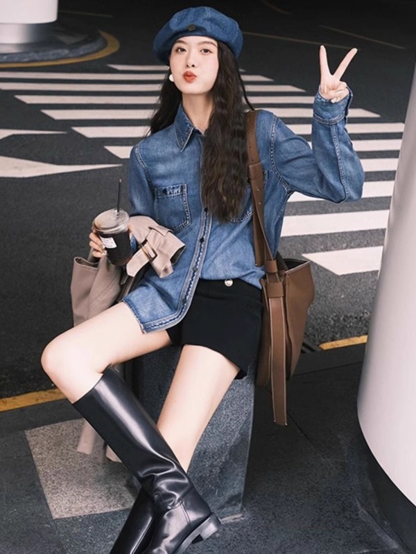 哥家商场同款女装2025秋季宽松百搭中长款衬衫上衣牛仔衬衣外套|undefined
