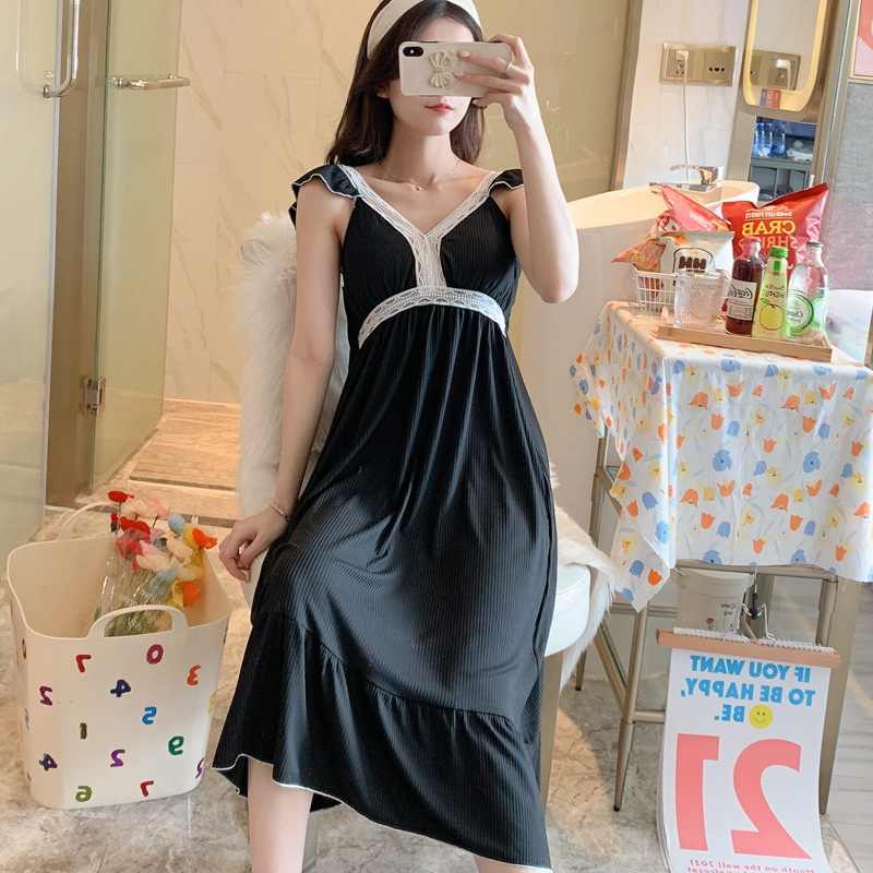 Tiktok live pijamas de verano polka dot sexy con almohadilla en el pecho camisón de media longitud de encaje dulce ropa para el hogar de las mujeres