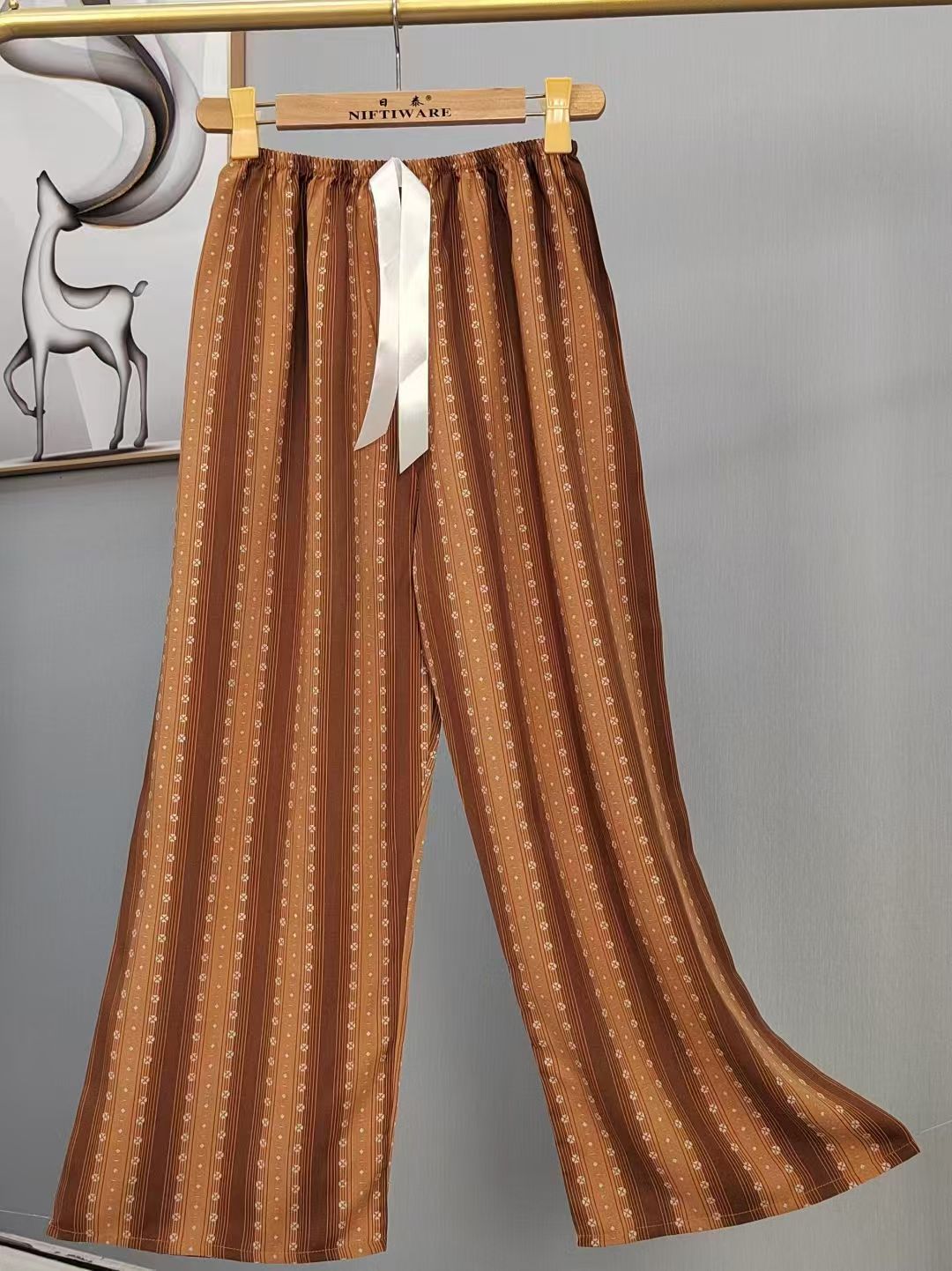 Pijama de seda de algodón para mujer, pantalones anchos de mujer embarazada de seda de algodón con estampado fino de verano