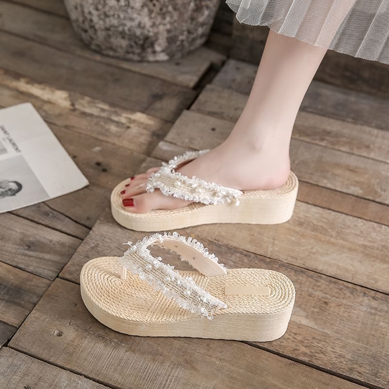 Ethnic Style Thick-Soled Beaded Flip-Flops for Women, Summer Trendy Popular Style, Comfortable Wedge Sandals for Vacation and Beach Wear