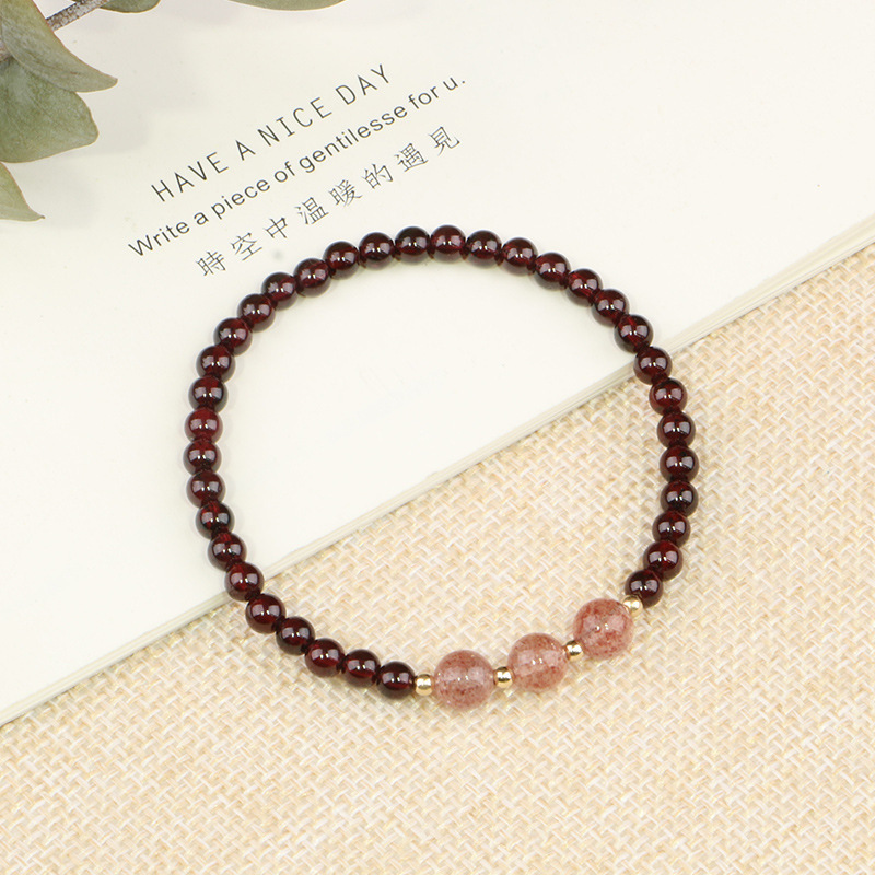 Natural Garnet Bracelet for Women, Wine Red Garnet Thin Bracelet 4mm Single Circle 7A Strawberry Crystal Peach Blossom Crystal