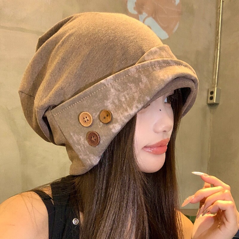 新款小众艺术堆堆帽暗黑废土风扎染包头帽女显脸小冷淡风纽扣帽子|undefined