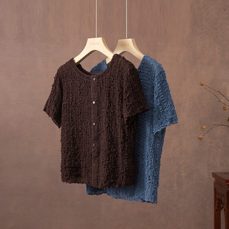 Silk Bubble Wrinkle Short-Sleeve Shirt for Women, Elegant and Youthful, Slimming and Age-Reducing, Made of Stretchy Mulberry Silk, Summer Top Silk Bubble Wrinkle Short-Sleeve Shirt for Women, Elegant and Youthful, Slimming and Age-Reducing, Made of Stretchy Mulberry Silk, Summer Top