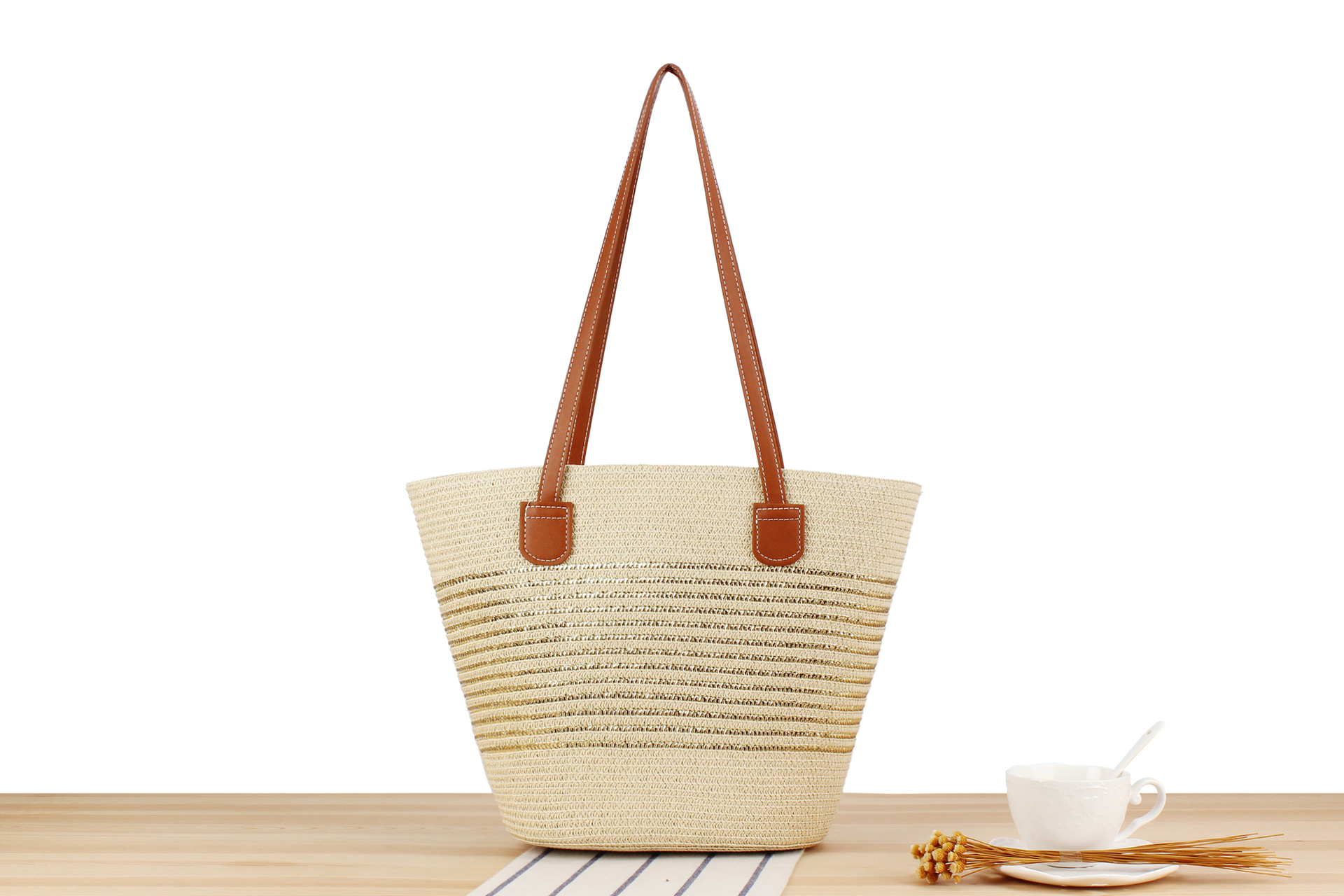 1020g Weight Polyester Cotton Lining Material Weave Fashion Element Zipper Closure Type Double Shoulder Straps Strap Type Straw Bag Bags Type Casual, Travel Occasion Solid Color Pattern Spring&Summer Season Women's Gender Vacation, Beach Style Bucket Shape Large Size Women's Vacation Beach Solid Color Paper Shopping Bags 3