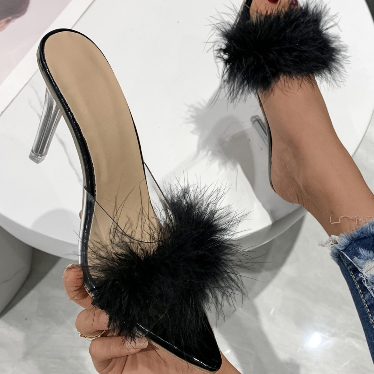 Summer New Large Size Furry Fashion Fish Mouth Sandals Cross-Border Sexy Stiletto High Heels Women's Transparent Slippers