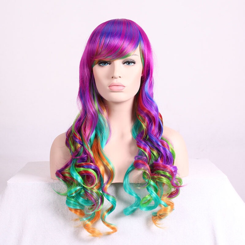 Europe and the United States cross-border wig oblique bangs big wave long curly hair COS animation 70CM long multi-color chemical fiber manufacturers wholesale