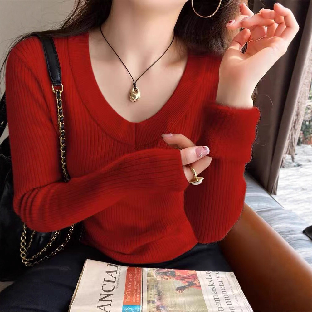 韩系V领加绒加厚打底衫女内搭2025秋冬新款低领毛衣保暖针织上衣