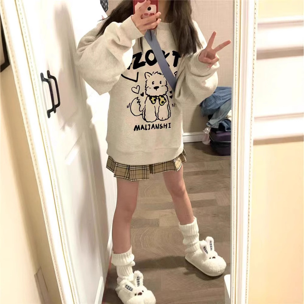 기모 두꺼운 땀 여성의 2024 가을과 겨울 새로운 일본 스타일 귀여운 인쇄 라운드 넥 긴 소매 디자인 미국 스타일 탑