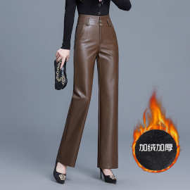 加厚加绒皮裤女2025秋冬新款显瘦高腰窄版阔腿裤直筒裤女PU皮长裤