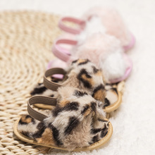 跨境新款秋冬时尚加绒加棉学步鞋豹纹提拉式小棉拖鞋毛毛拖