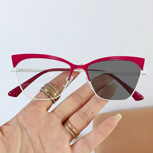  new cross-border fashion metal cat-eye color-changing anti-blue light eyebrow frames can be equipped with myopia glasses frames