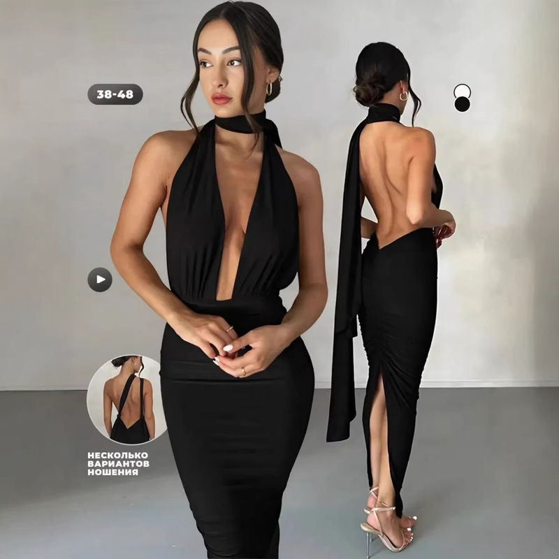 Women's Sexy Backless Long Cocktail Dress with Slits and Multiple Wearing Styles, Elegant Sleeveless Design