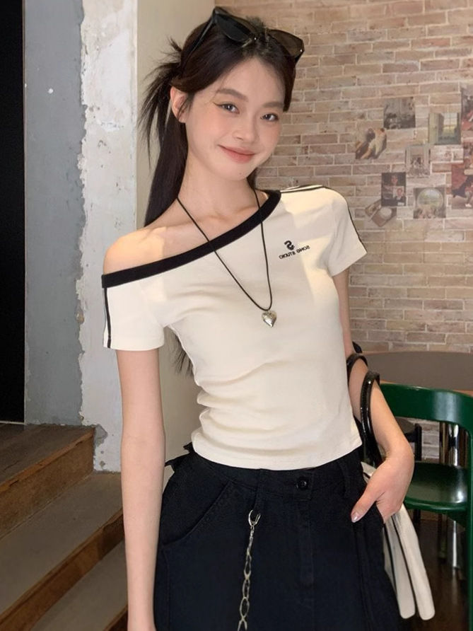 Cross-border pure sexy slant shoulder printed short sleeve t-shirt women's summer slim fit slim hot girl short top women's t wholesale