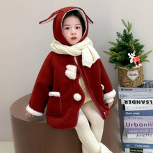 女童加绒加厚外套2025新款冬款宝宝过新年衣服红色兔子毛呢大衣潮