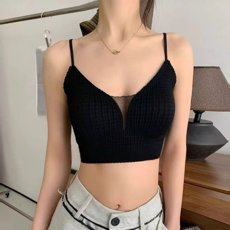 Japanese-Style Minimalist Light Luxury High-End Women's Short Bubble Fabric Camisole New Adjustable Shoulder Strap Top with Chest Pads
