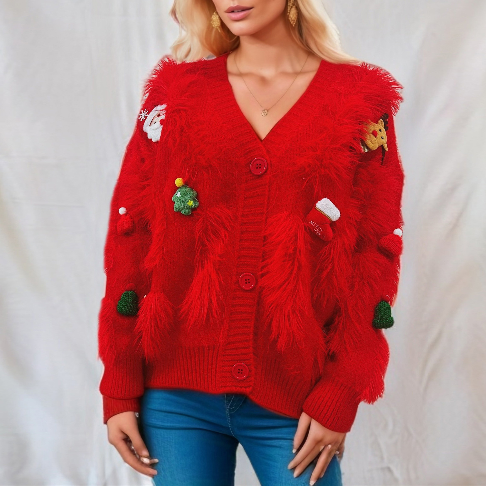 Damenbekleidung Roter Neujahrs-Weihnachtspullover Nerzsamt Weihnachts-Dreidimensionale Dekoration Einreihige Strickjacke Jacke Für Damen_voghion.com