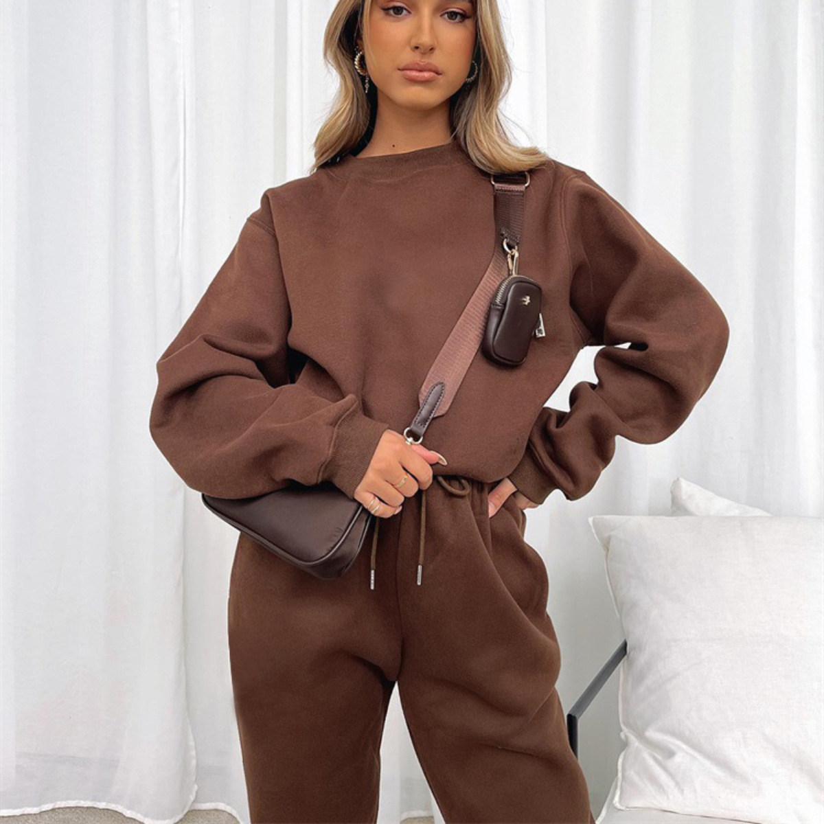 840g Weight Long Sleeve Sleeve Length Polyester Fabric Type Sweatshirt & Hoodie Co-ord Set Sets Type 2 Pieces Set Quantity Casual Occasion Round Neck Neckline Loose Fit Type Solid Color Pattern Winter, Autumn Season Women's Gender Streetwear Style Casual Women's Streetwear Solid Color Polyester Sweatshirt & Hoodie Co-ord Set Pants Sets 9