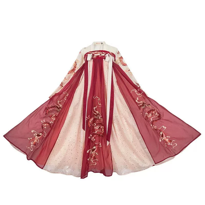 Hanshang Hualian Dragon Mother Store отмечает традиционную ханьфу для женщин, летняя юбка до груди с 8-метровым большим кружевом и тяжелой вышивкой с узором дракона