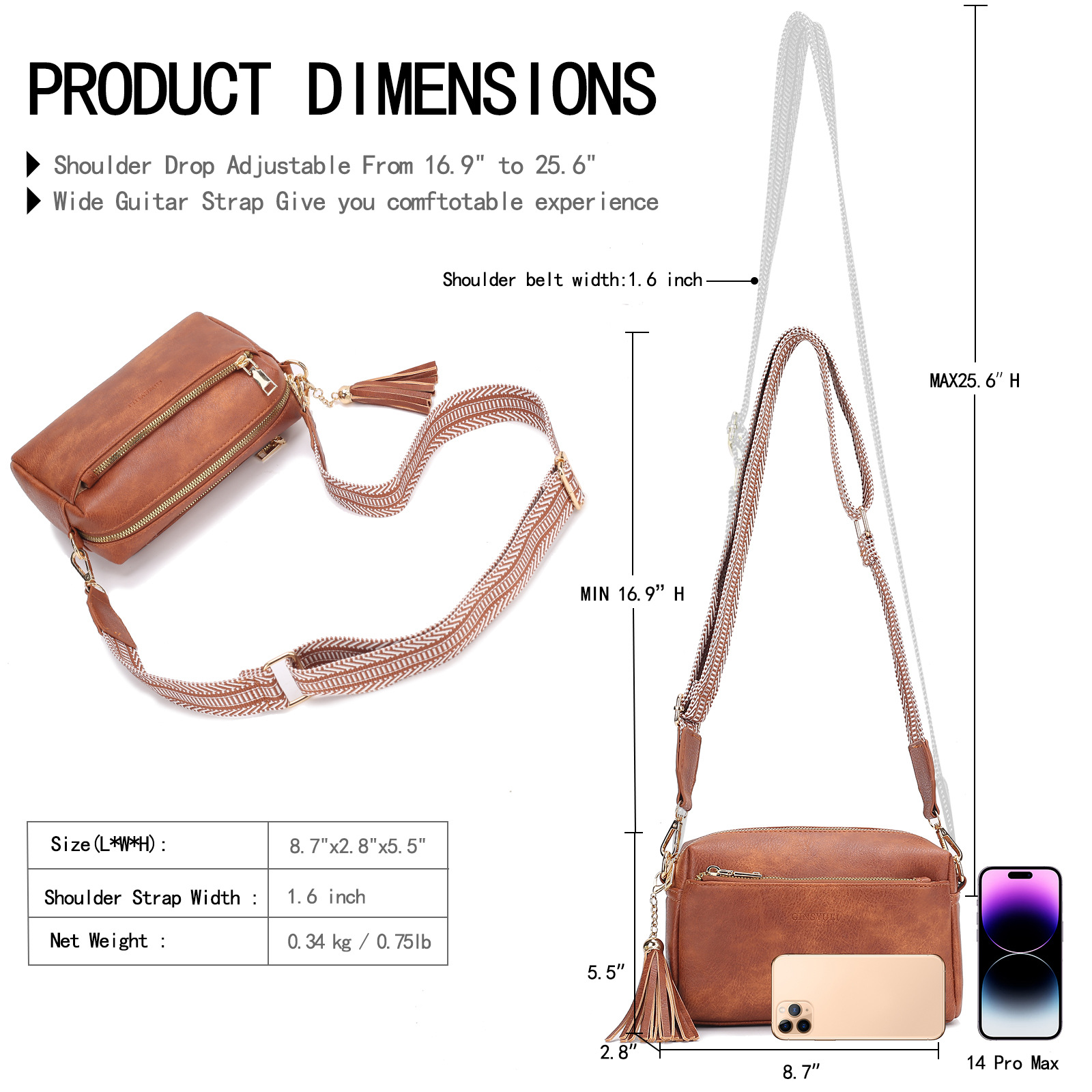 New Women's Crossbody Three Zipper Mobile Phone Leather Handbag Guitar Strap Shoulder Bag_voghion.com