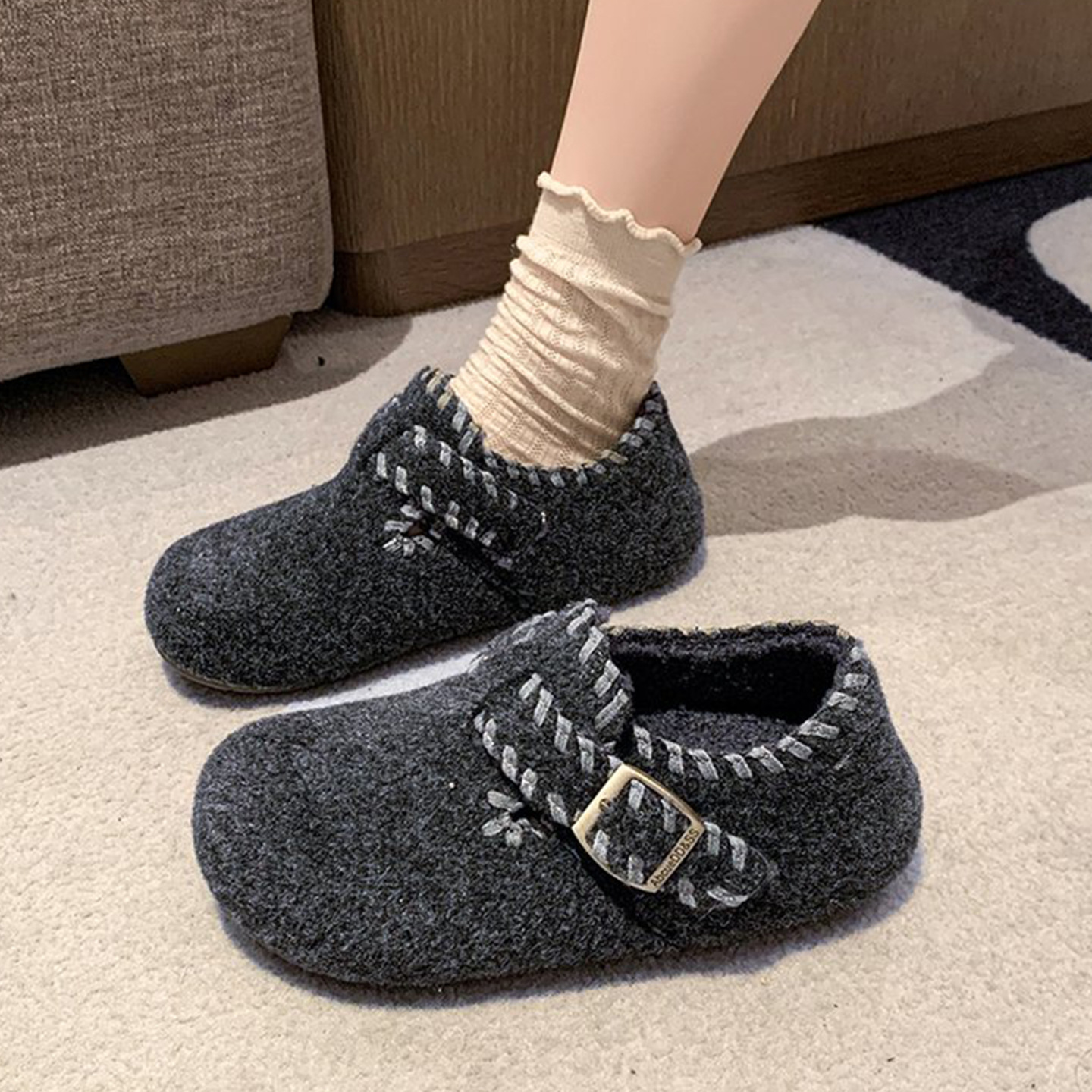 韩版复古全包勃肯棉鞋女外穿内增高厚底灰色毛毡秋冬勃肯鞋毛绒鞋