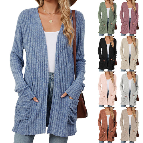 Amazon Europe and US Cross-Border Foreign Trade 2024 Autumn/Winter New Solid-Color Pocket Long-Sleeved Base Cardigan Knit Sweater in Stock