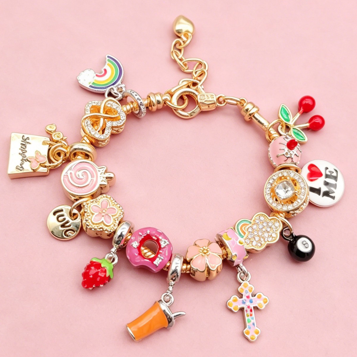 Pan brazalete DIY cuentas lindas cerezas fresas negras 8 pulseras nubes pastel de donut corazón joyas de moda