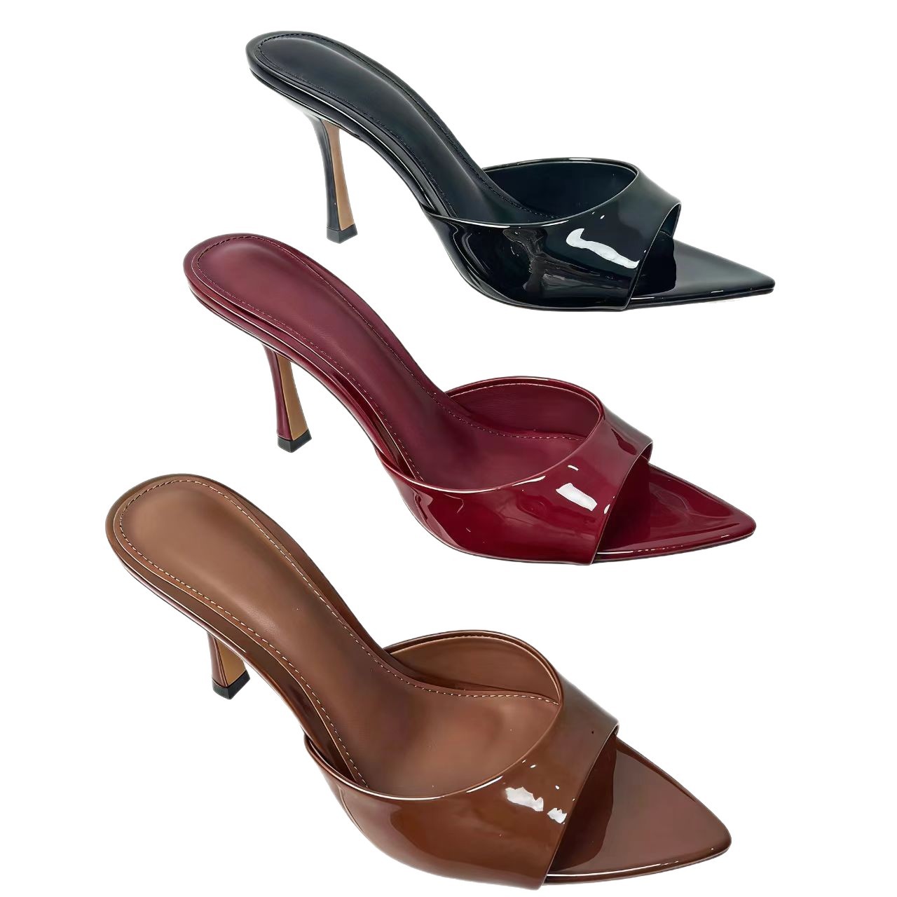 Damen Stiletto Mules Mit Spitzer Kappe Aus Lackleder Pumps_voghion.com