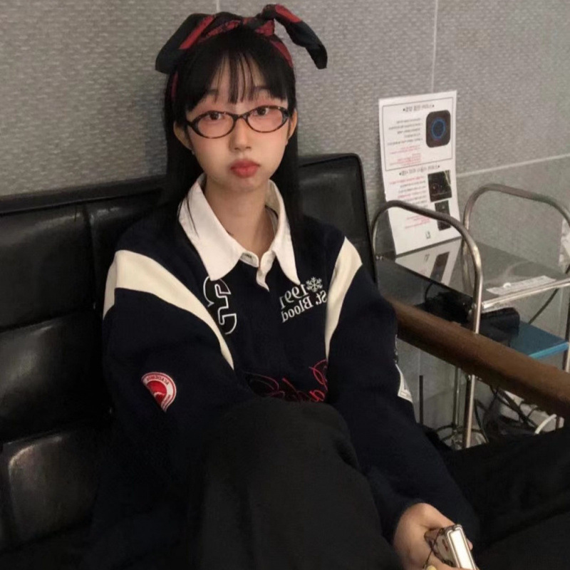 韩国Badblood美式复古拼接撞色贴布刺绣3号球衣长袖polo领卫衣女|undefined
