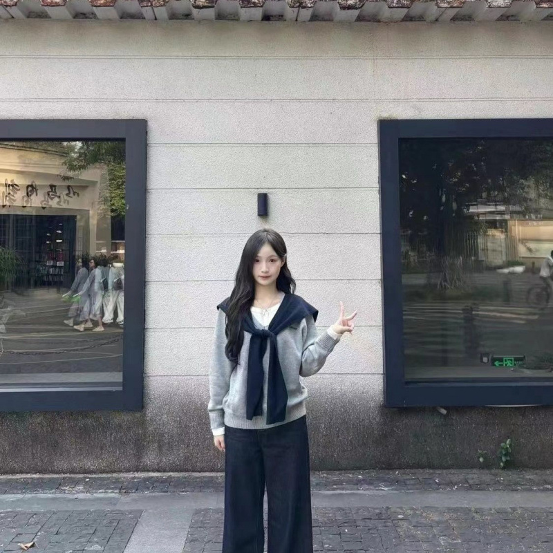 套装女2025秋季新款韩系慵懒风长袖针织衫系带披肩高腰显瘦阔腿裤|undefined