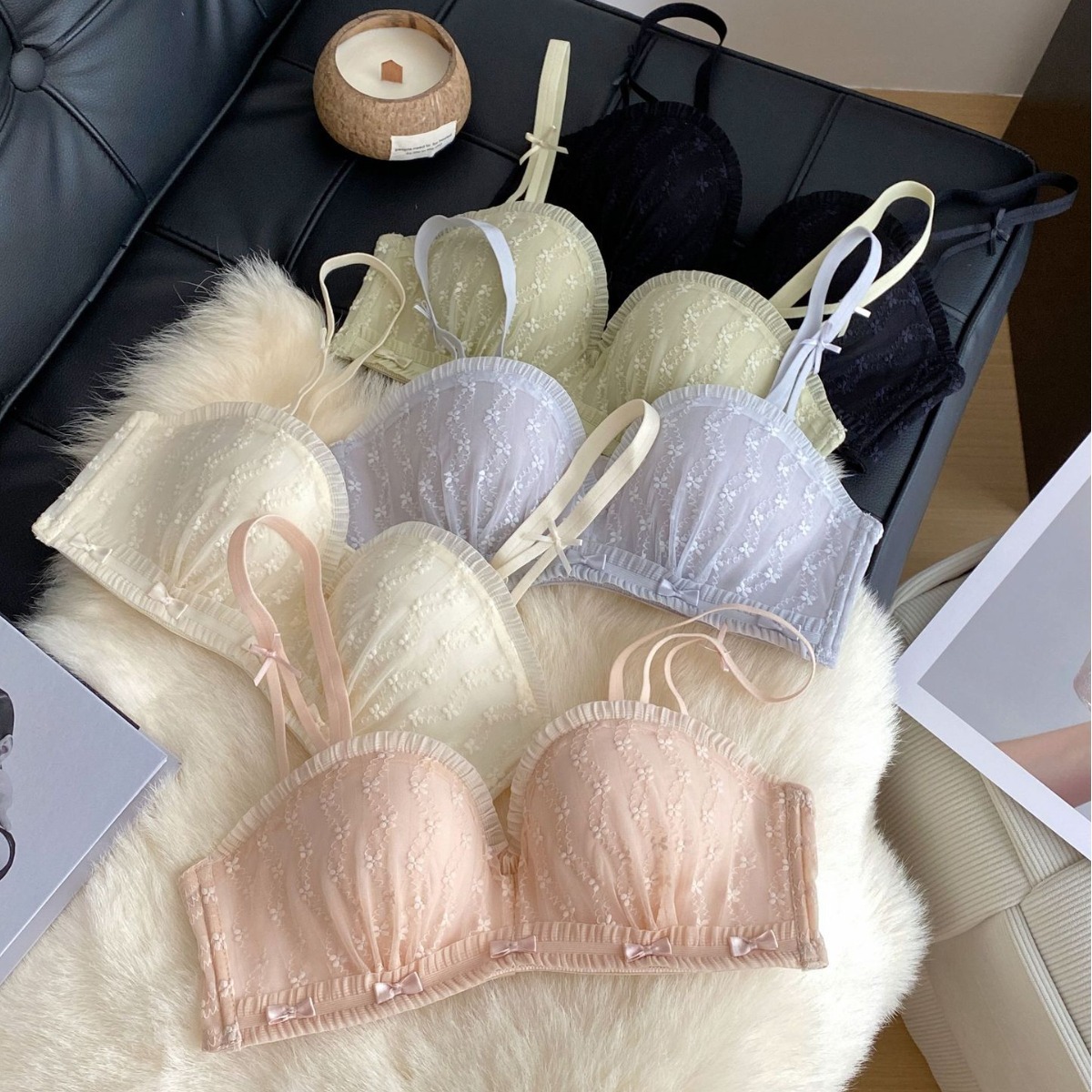 Tapa de tubo, dos prendas, encaje floral pequeño, niña, pecho, copa, sin anillo de acero, ropa interior cómoda, sujetador dulce y picante