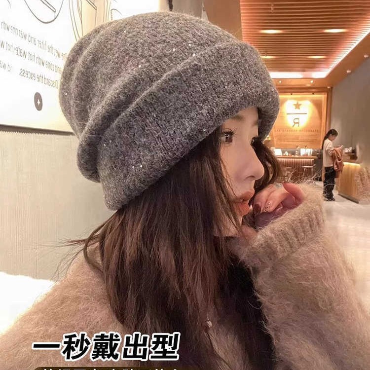 秋冬慵懒风亮片加厚堆堆帽韩系防风保暖套头帽休闲百搭显脸小冷帽|undefined
