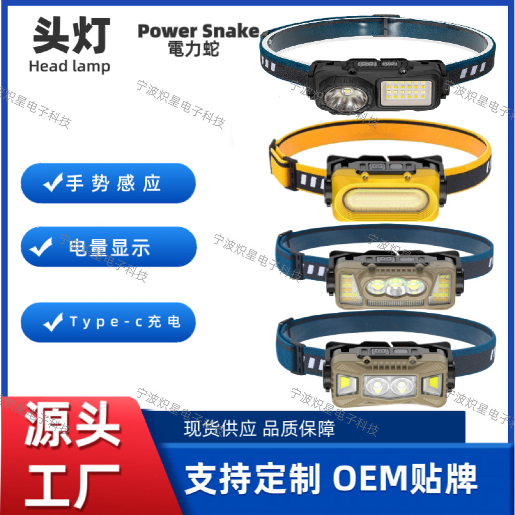跨境新款感应头灯USB充电户外防水白黄红光夜钓骑行强光LED头灯