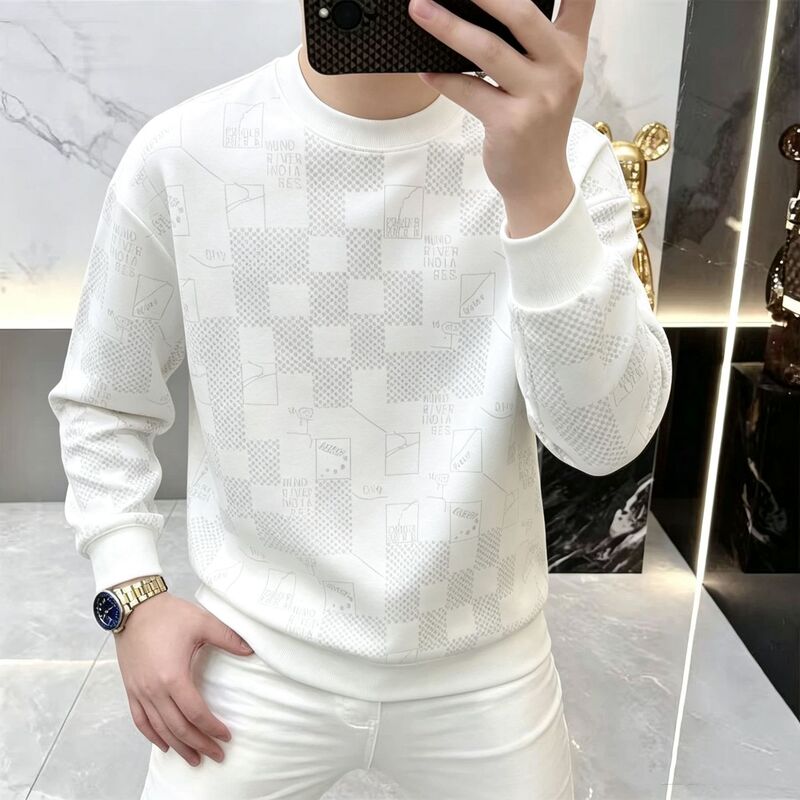 Autumn men's sweatshirt with round neck and printed checkerboard pattern, pullover for young and middle-aged men, high-end, stylish, high street base shirt