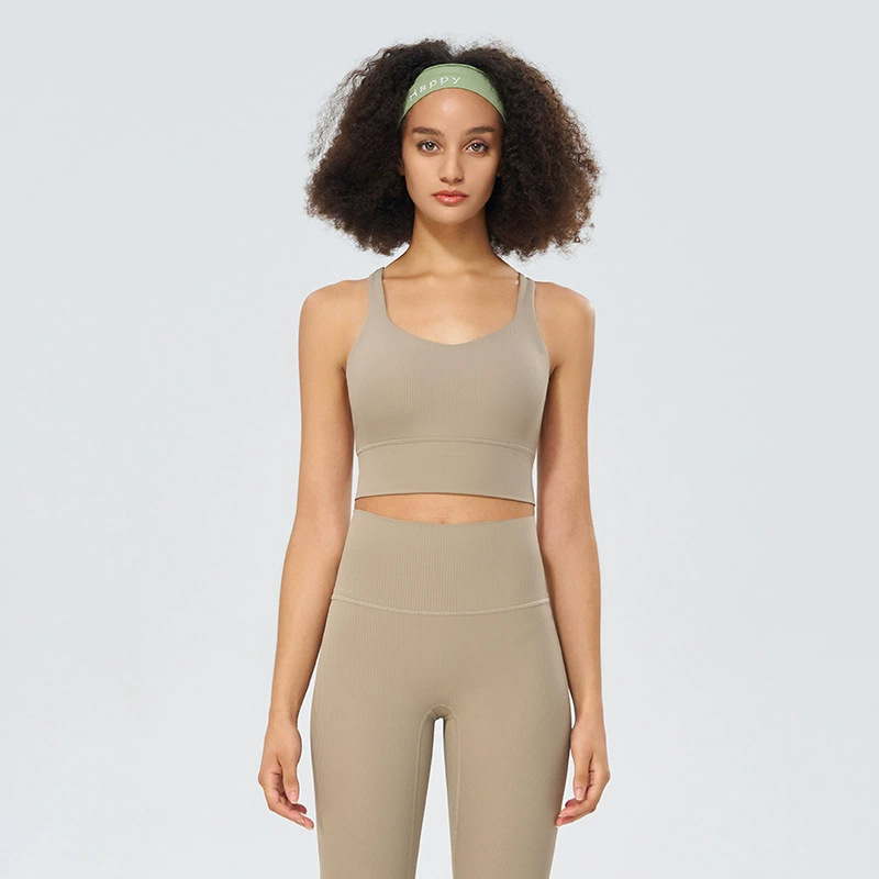 Ropa interior deportiva acanalada, taza fija para mujer, espalda hermosa cruzada de alta elasticidad, sujetador de yoga a prueba de golpes, chaleco de secado rápido de fitness
