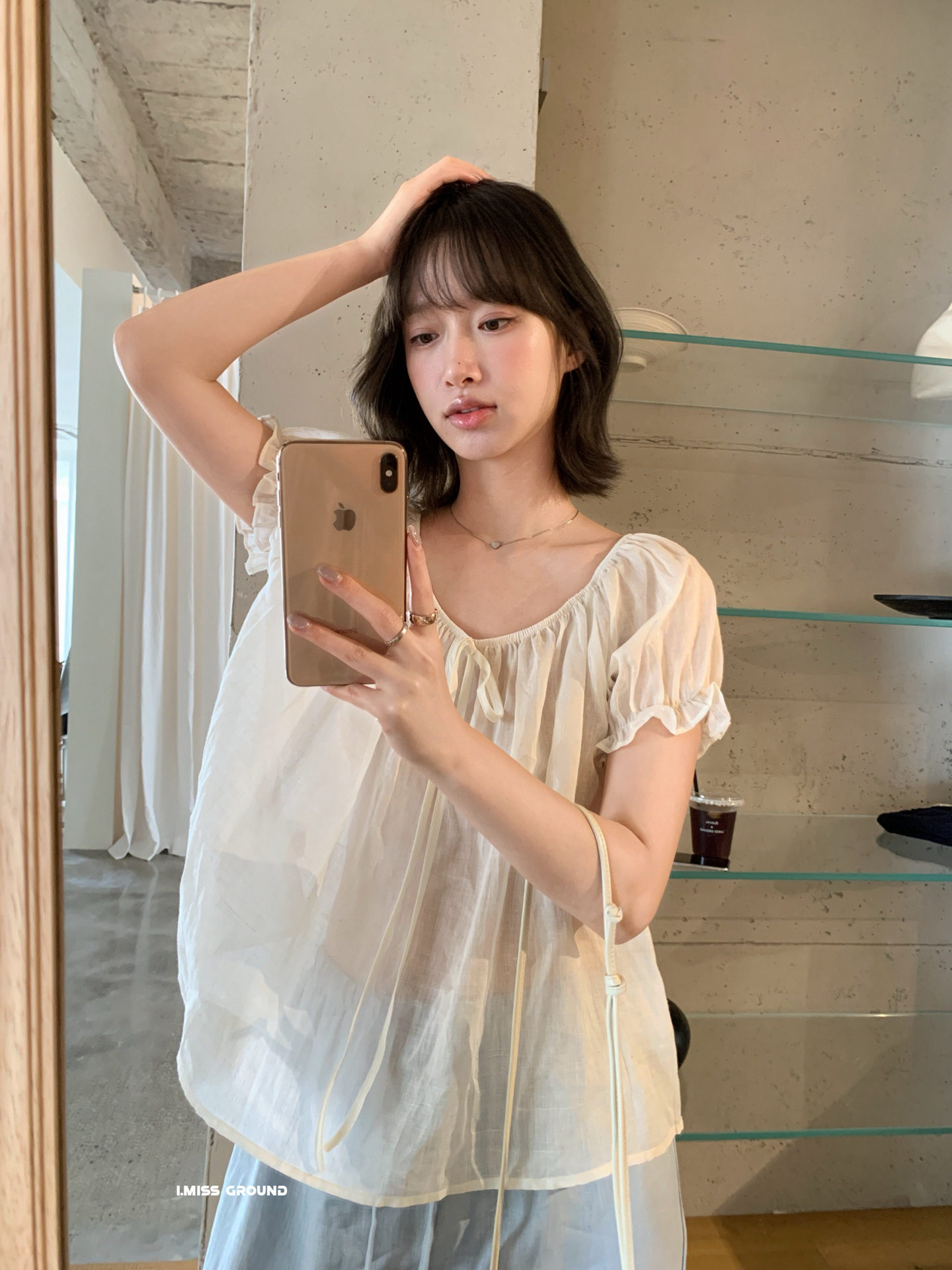 Áo sơ mi nữ tay bồng dây rút chất liệu ramie phong cách Pháp — xanh đậm, màu hồng, Xanh nước, ngọc trai trắng chi tiết 19