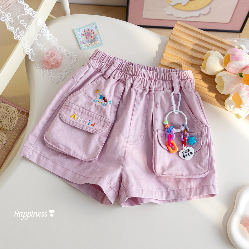 Girls' Summer Shorts Korean Style Cute Cartoon Embroidered Cargo Pocket Hot Pants Sweet Casual Pants for Baby Girls Summer Style