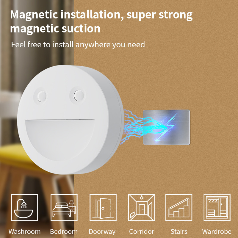 Cross-border smiling face smart night light magnetic light wireless human body induction light bedroom bedside aisle decorative creative light Cross-border smiling face smart night light magnetic light wireless human body induction light bedroom bedside aisle decorative creative light