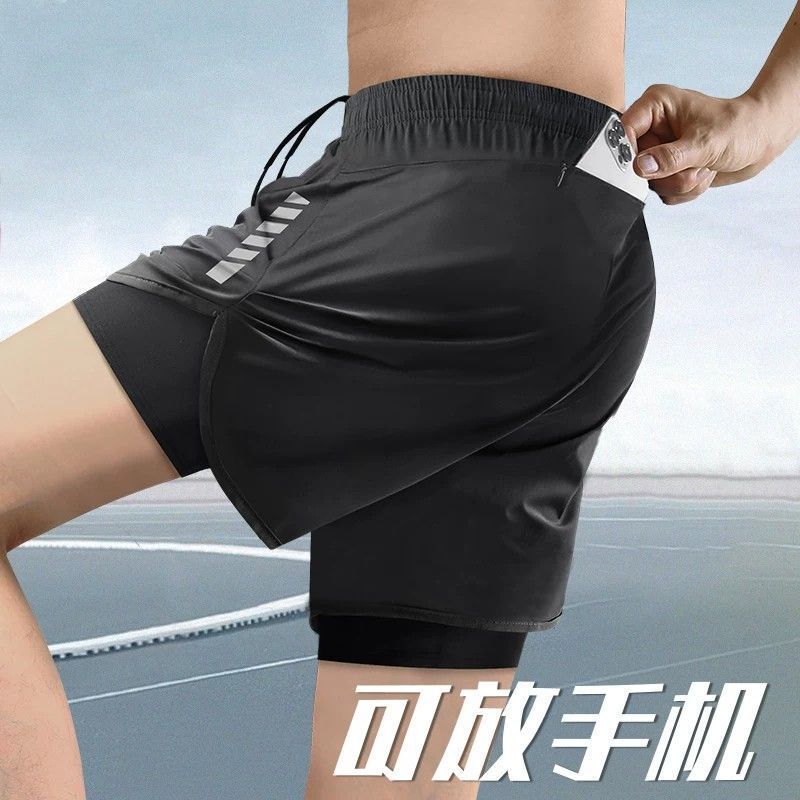 Men's Running Shorts with Phone Pocket, Quick-Dry Sports Shorts, Summer Two-In-One Design with Inner Lining, Specifically for Marathon and Track and Field Men's Running Shorts with Phone Pocket, Quick-Dry Sports Shorts, Summer Two-In-One Design with Inner Lining, Specifically for Marathon and Track and Field