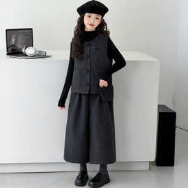 女童秋冬套装2025新款女孩大童冬季韩系时髦毛呢马甲阔腿裤三件套