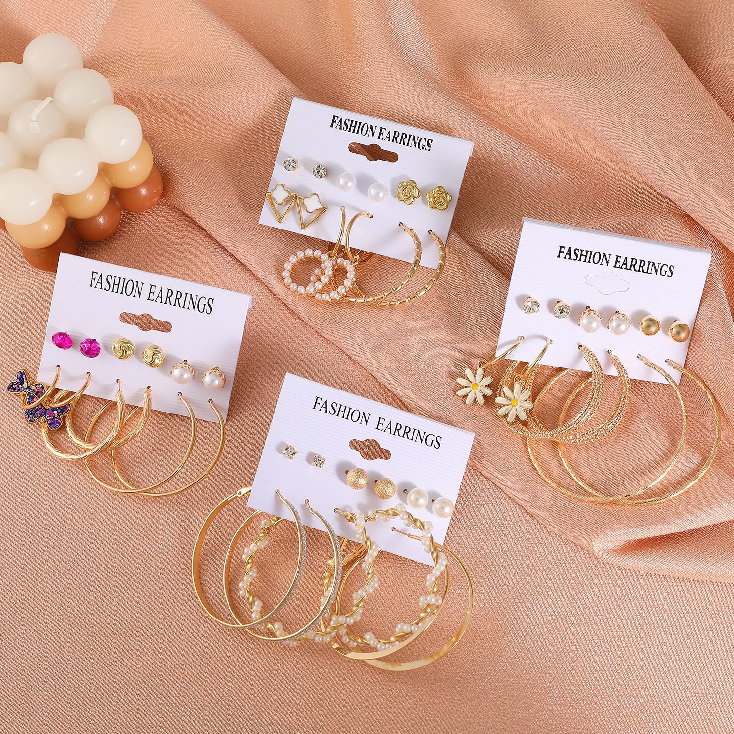 fashion butterfly inlaid pearl alloy geometric hoop earrings six-piece set