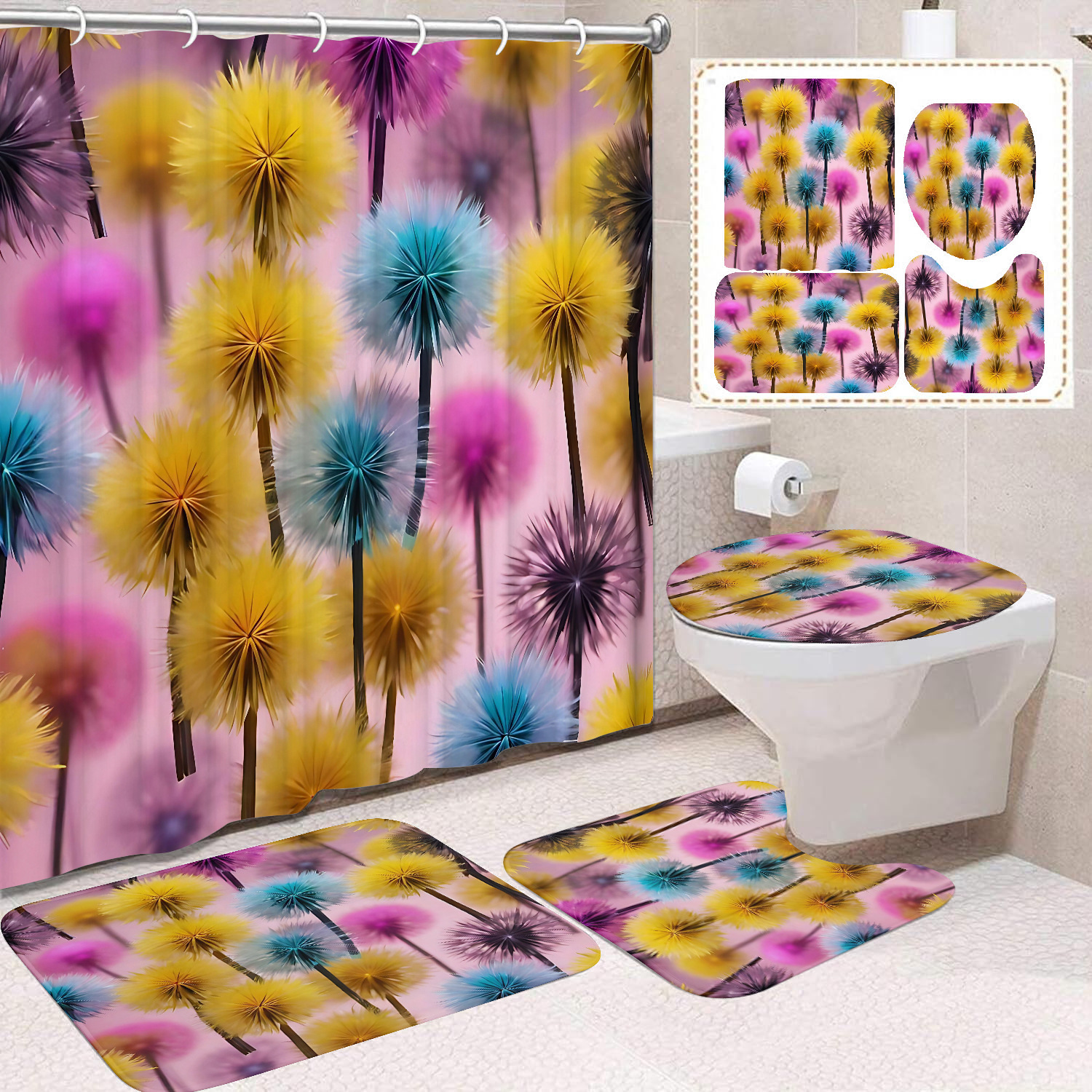 Flor blanca cortina de baño inodoro cortina de partición impermeable de baño cortina de lavado separación seca y húmeda cortina de puerta colgante sin agujeros
