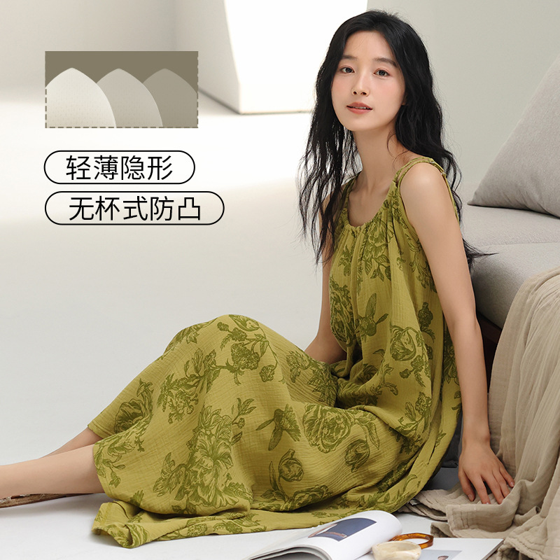 Pijama de algodón para mujeres cojín de pecho sexy pijama de suspensión 2025 nuevo vestido casual medio largo ropa para el hogar