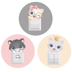 KG218 Cartoon Cute Cat Switch Decal Bedroom Living Room Entrance Home Wall Decor Wall Sticker Self Adhesive
