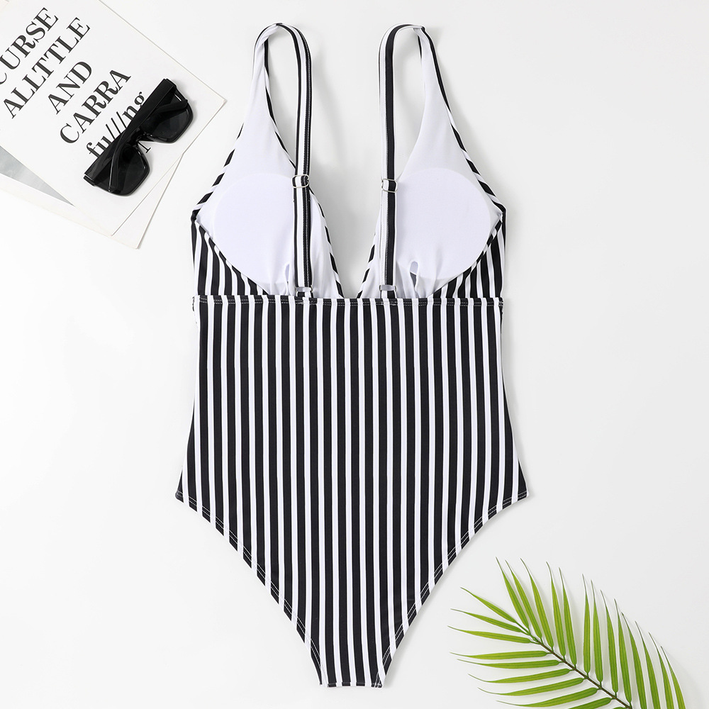 One-piece swimsuit V-neck halter swimsuit sweet striped bikini swimsuit